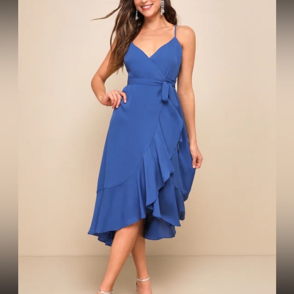 Manhattan Moment Blue Ruffled Midi
Wrap Dress Lulus